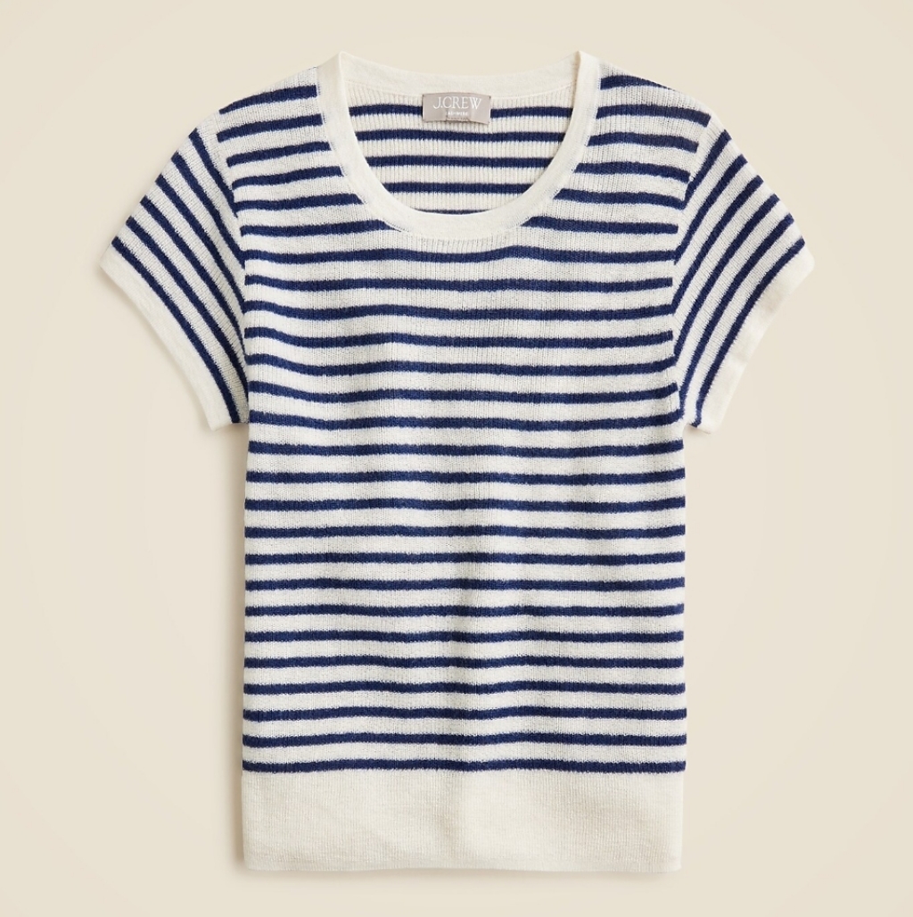 J Crew Ribbed Featherweight Cashmere T-Shirt In Stripe Bx496 Size L Blue White